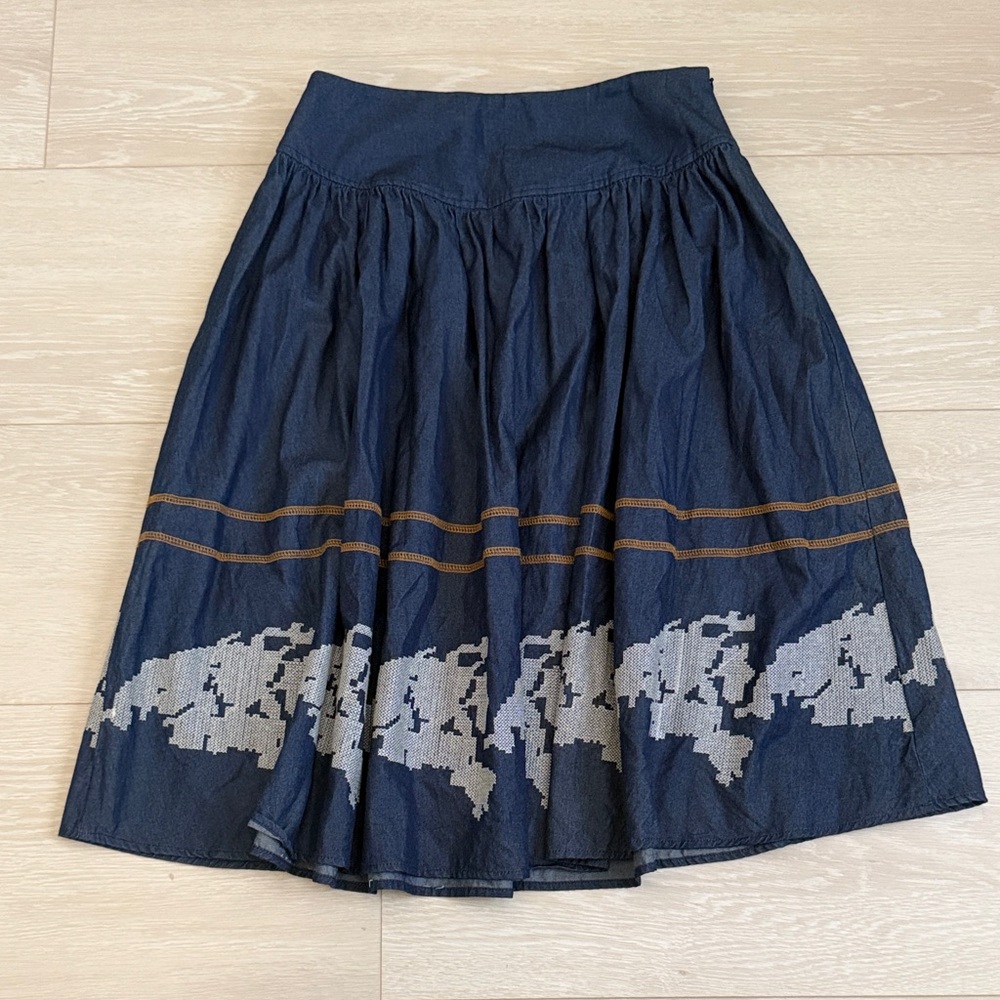 3/$10 Navy A-Line Pleated Midi Skirt with Map Design